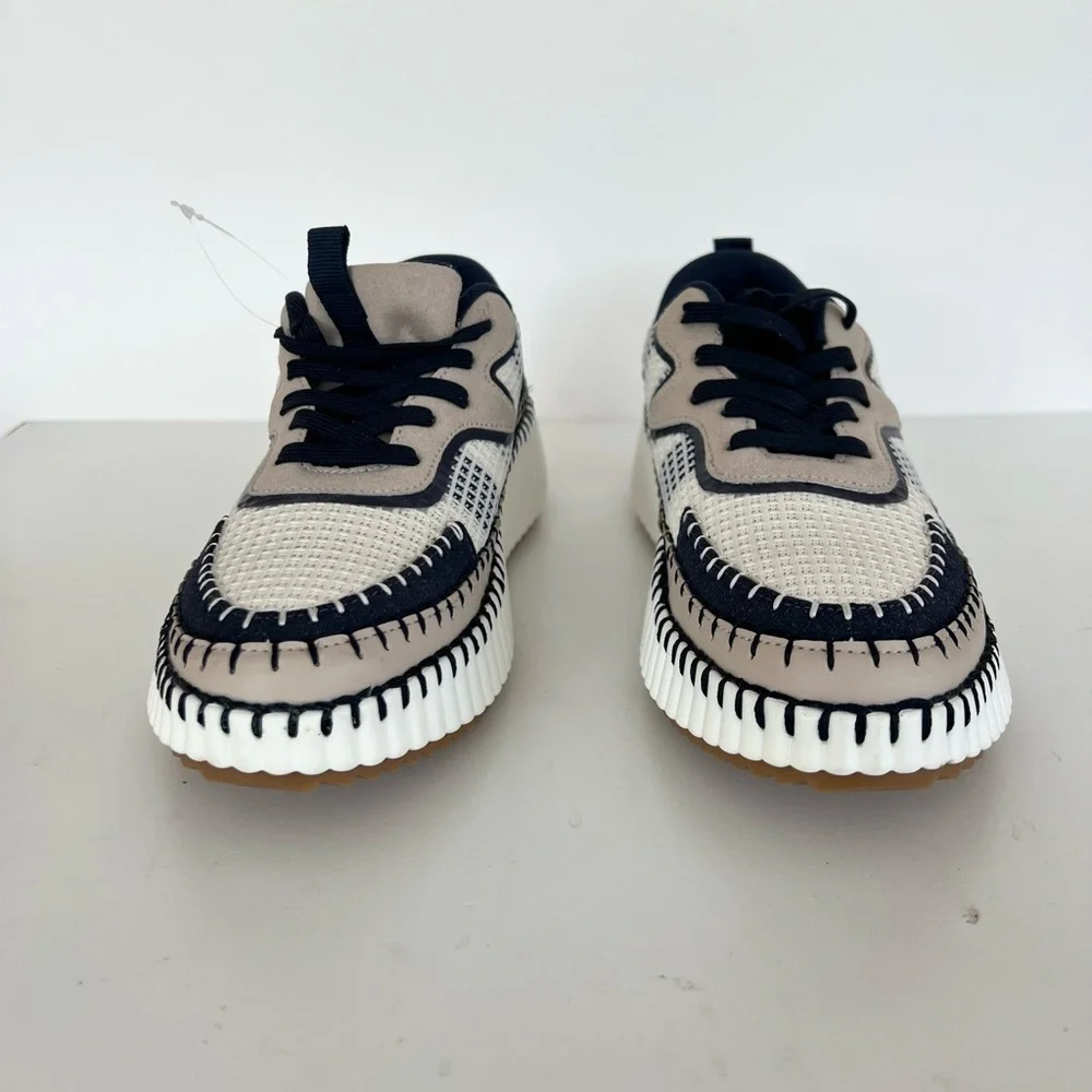 Claudia Ghizzani Whipstitch Chunky Heel Sneakers in Navy Blue and Cream, size 37